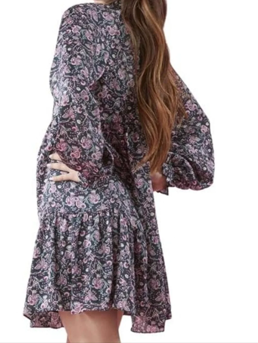 Floral Print Long Sleeve Tiered Mini Dress - Pink on Black - Picture 6 of 9